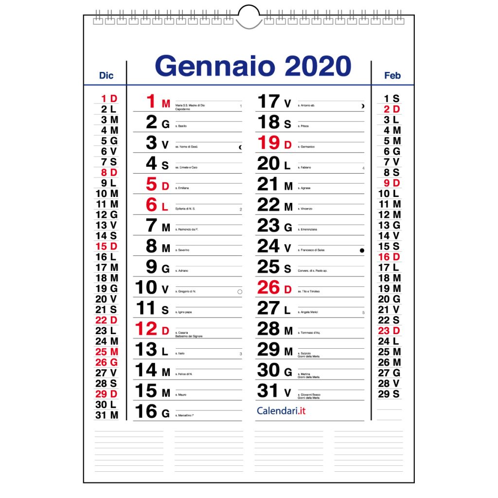 Calendario 2020 Da Muro Mod Olandese Con Santi Lune E Spazio Per 9555