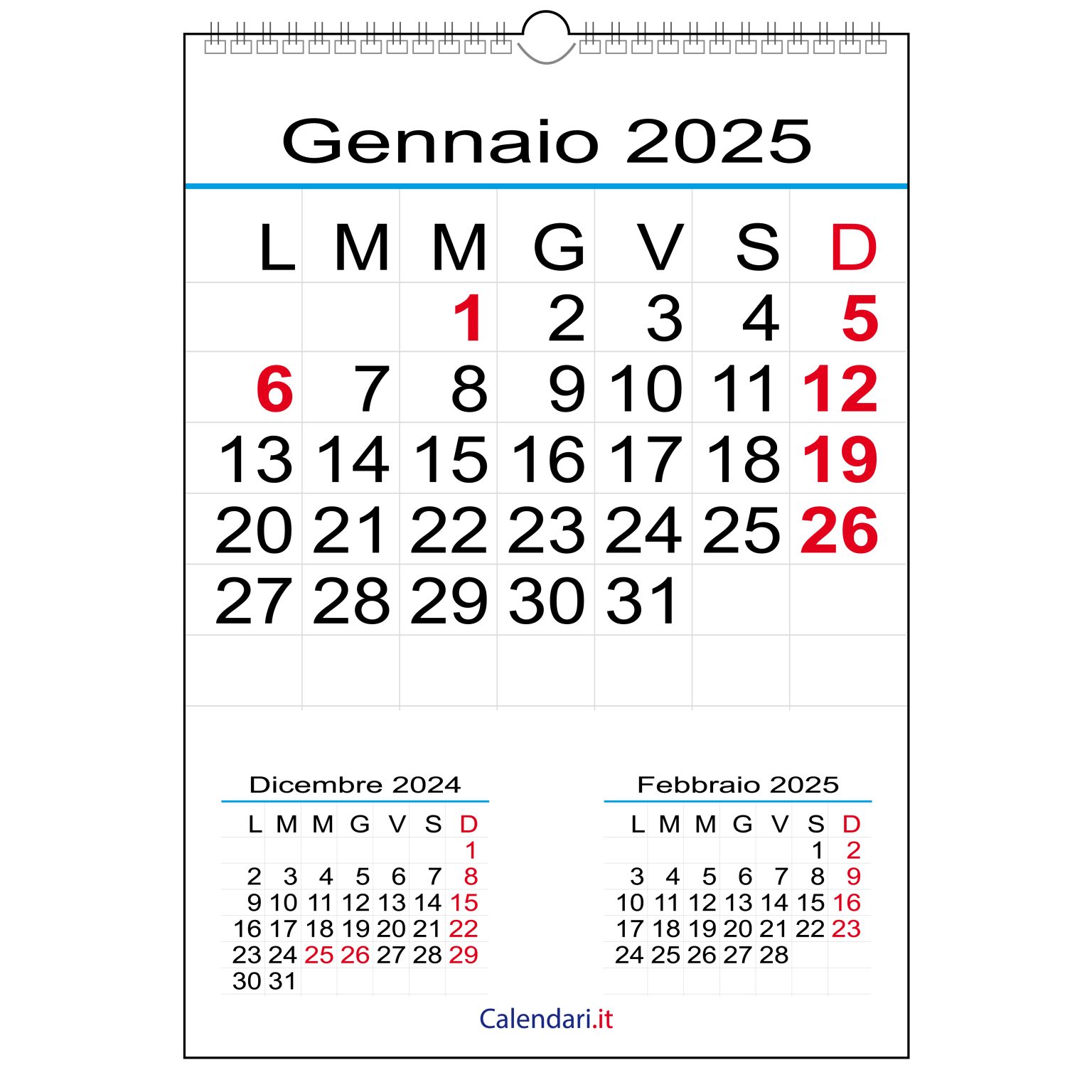 Calendario 2025 con 12 mesi numeri grandi