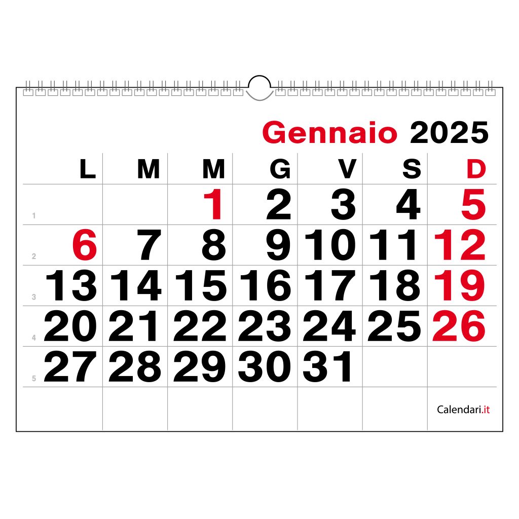 Calendario 2025 numeri grandi orizzontale da muro