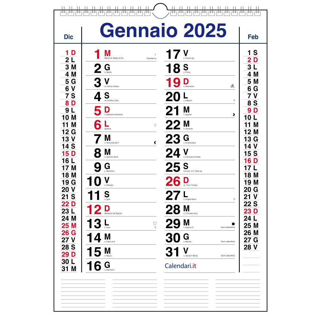 Calendario 2025 olandese da muro mensile con santi, lune e settimane