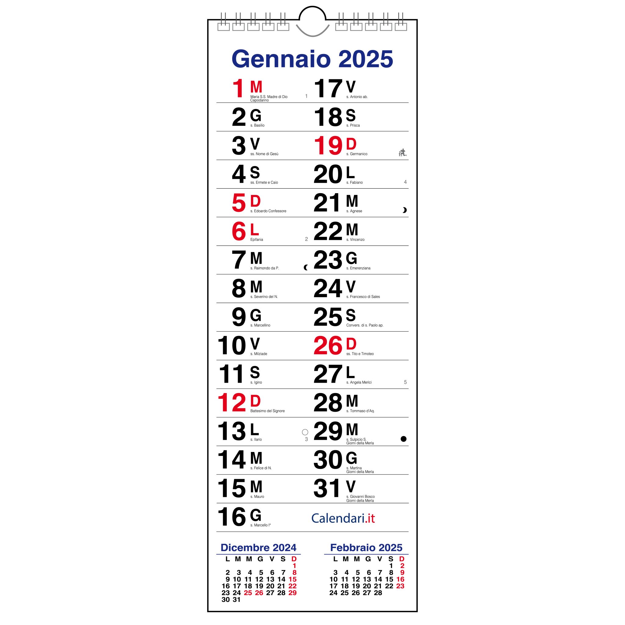 Calendario 2025 da muro stretto slim sottile santi lune 12 mesi